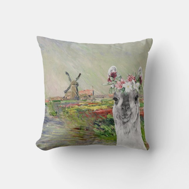 Coussin Monet Champ Tulipes et Fancy Llama (Recto)