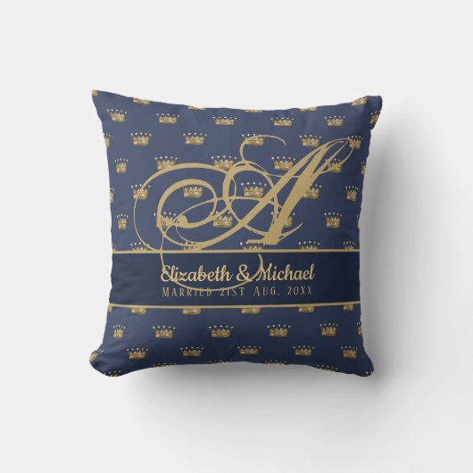 Coussin Mongram Navy Blue Gold Crown King Queen NEWLYWEDS (Recto)
