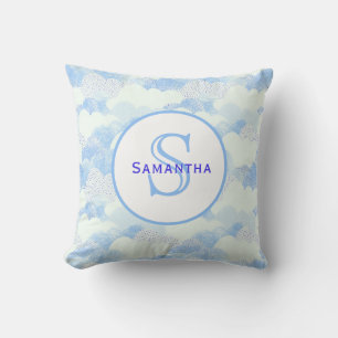 Coussin Mongramme de nuages Abstraits bleus et blancs text