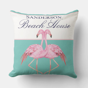 Coussin Monogram Beach house Turquoise marine Flamants ros