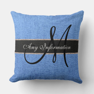 Coussin Monogram Blue Burlap Russe Jute