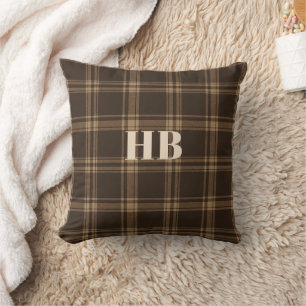 Coussin Monogram Classique Vintage Marron Foncé et Beige à