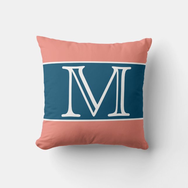 Coussin MONOGRAM Corail bleu bande couleur uni (Recto)