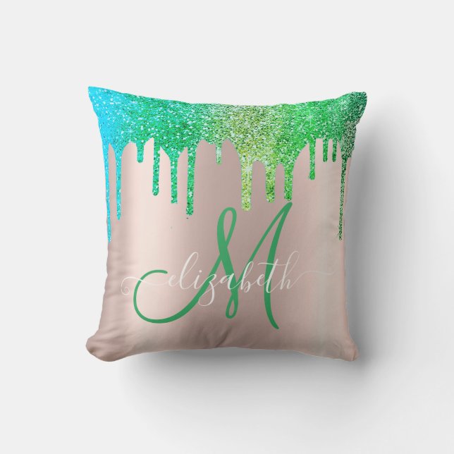 Coussin Monogram élégant vert pailleté gouttes or rose (Recto)
