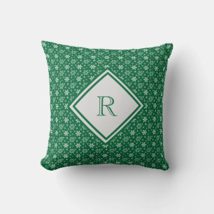 Coussin Monogram Green White Snowflakes Hiver Noël 