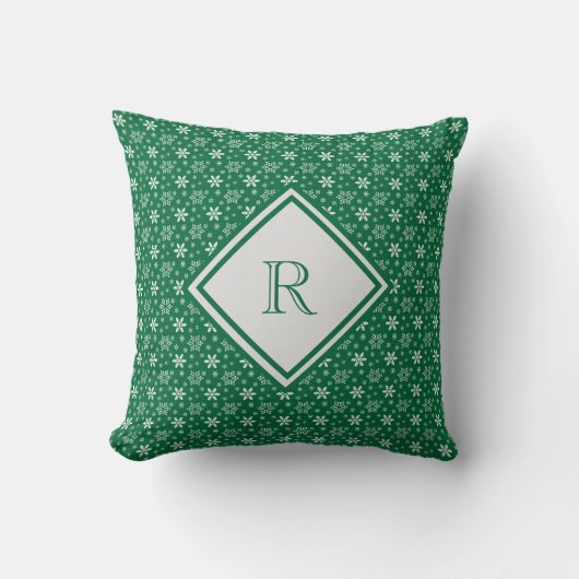 Coussin Monogram Green White Snowflakes Hiver Noël  (Recto)