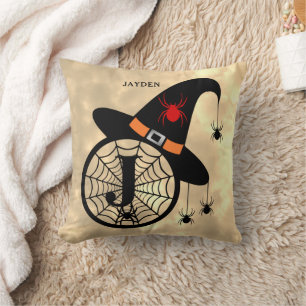 Coussin Monogram J Halloween Sky Witch Nom des araignées
