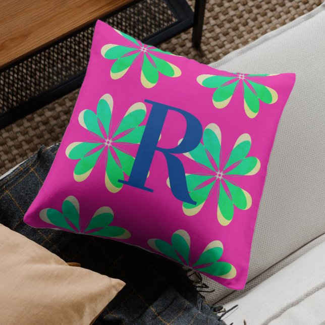 Coussin Monogram Magenta Emerald Green Flower (Créateur téléchargé)