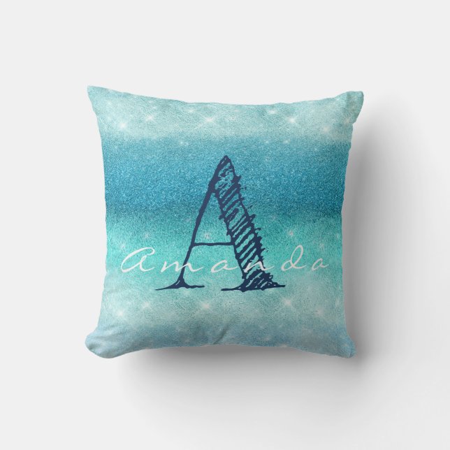 Coussin Monogram Ombre Nom Blue Aqua Ocean Navy Glitte (Recto)