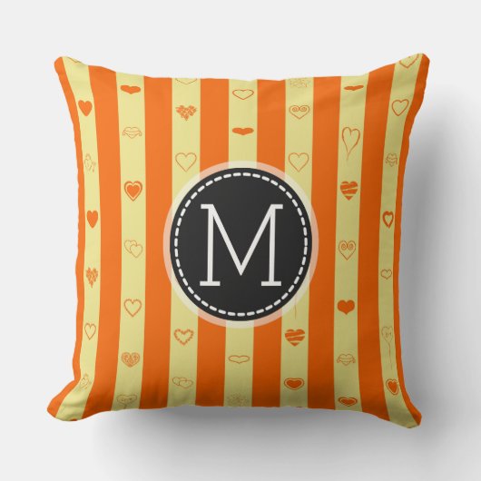 Coussin Monogram Orange Stripes Motif de coeur moderne (Recto)