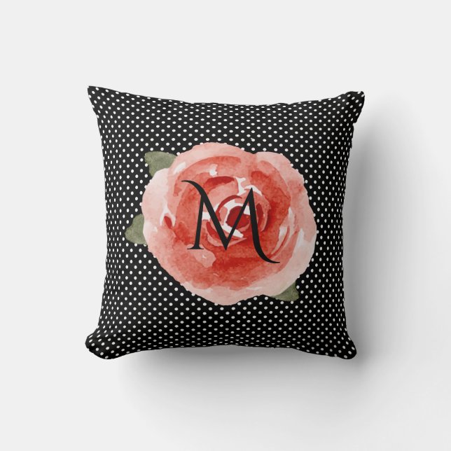 Coussin Monogram Red Rose Black White Polka Dots (Recto)