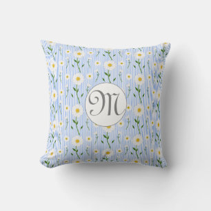 Coussin Monogram Summer Daisy Floral Pattern Blue Stripe