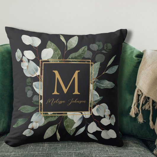 Coussin Monogram Watercolor Tropical Green Leaves Black