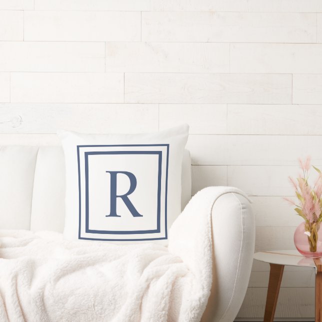 Coussin Monogramme à bordure carrée bleu marine et blanc (Canapé)