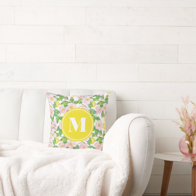 Coussin Monogramme à motif de citron floral rose (Canapé)
