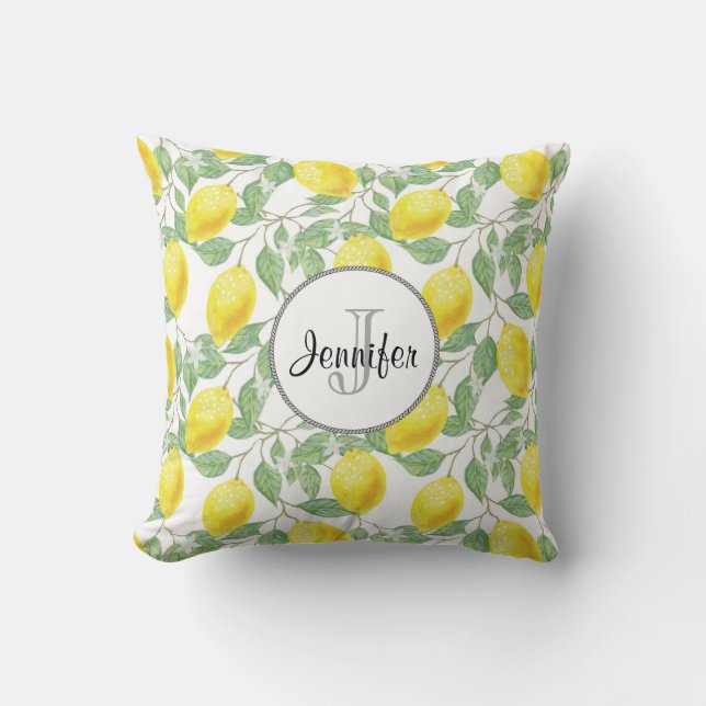 Coussin Monogramme à motif de citrons jaunes avec feuilles (Recto)