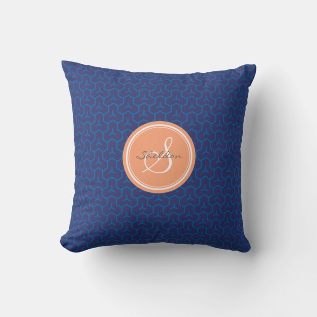 Coussin Monogramme à motif géométrique abstrait bleu chic (Recto)