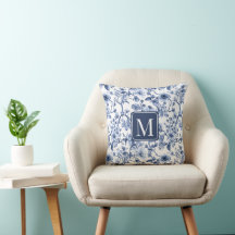 Monogramme à motif toile de Jouy fleuri bleu vinta