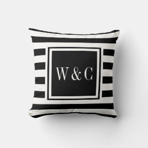 Coussin Monogramme à rayures noir et blanc tendance