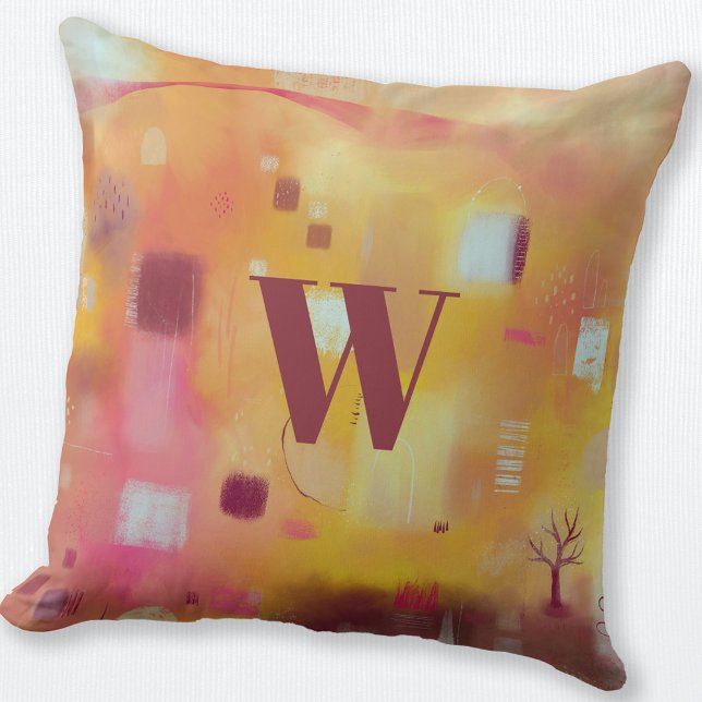 Coussin Monogramme Abstrait Jaune moderne (Monogram personalized yellow abstract art throw pillow)