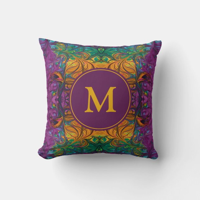 Coussin Monogramme abstrait jaune vert violet (Recto)