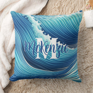 Coussin Monogramme Abstrait Océan Bleu
