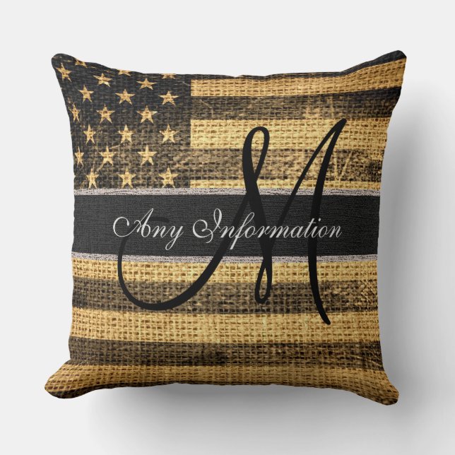Coussin Monogramme American Flag Burlap Linen Rustique Jut (Recto)