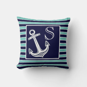 Coussin Monogramme Ancre marine Bleu Bandes Turquoises