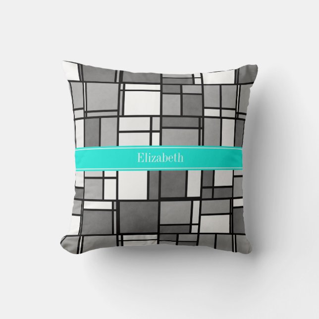 Coussin Monogramme aqua inspiré de Mondrian blanc gris (Recto)