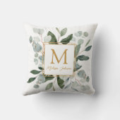 Coussin Monogramme Aquarelle Feuilles Tropicales Vertes Bl (Verso)