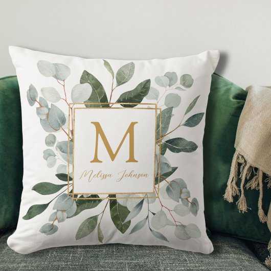 Coussin Monogramme Aquarelle Feuilles Tropicales Vertes Bl