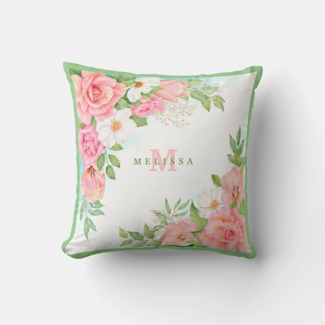 Coussin Monogramme Aquarelle Florale Verdure Rose Rose (Recto)
