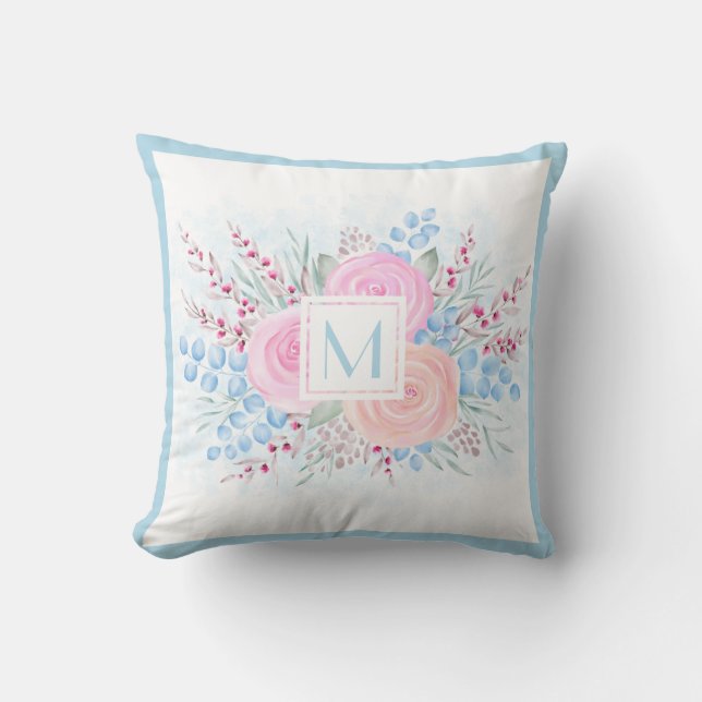 Coussin Monogramme Aquarelle Pastel Rose Roses Bleues Feui (Recto)