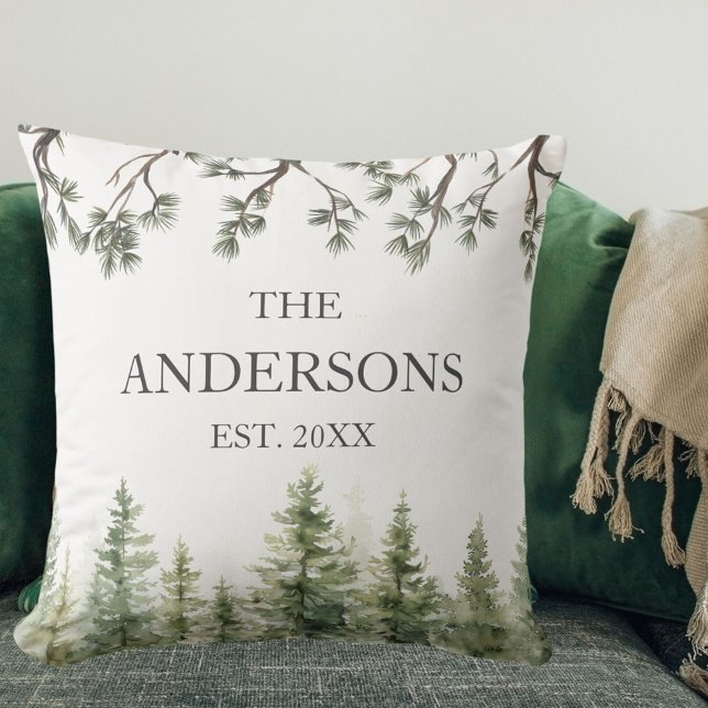 Coussin Monogramme Aquarelle Pins Rustiques et Branches (In situ)