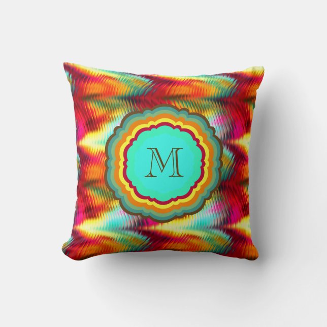 Coussin Monogramme arc-en-ciel funky et vibrant (Recto)