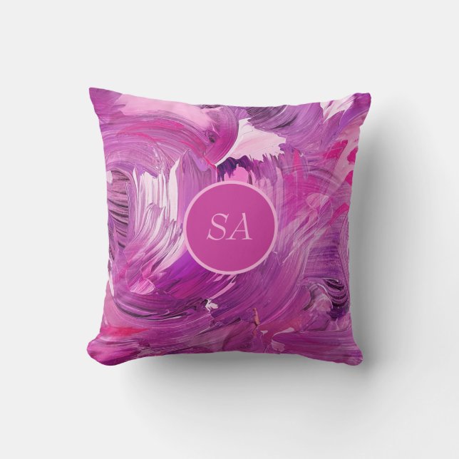Coussin Monogramme Art Abstrait Purple Pinceau rose (Recto)