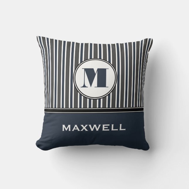 Coussin Monogramme audacieux de gris bleu de rayures (Recto)