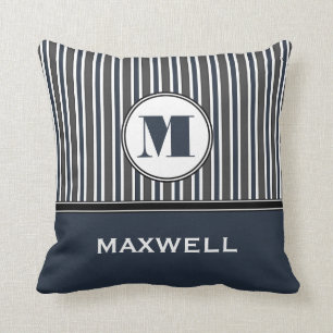 Coussin Monogramme audacieux de gris bleu de rayures