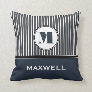 Coussin Monogramme audacieux de gris bleu de rayures