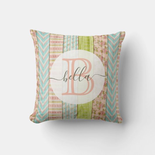 Coussin Monogramme avec nom et roses en style shabby sur b (Recto)