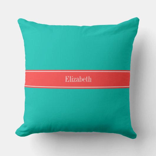 Coussin Monogramme avec ruban rouge corail et sarcelle uni (Recto)