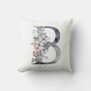 Coussin Monogramme B Initial B, Aquarelle Bleu Peach Rose