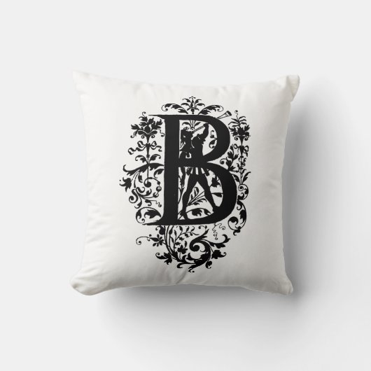 Coussin Monogramme B Modèle floral noir et blanc initial (Recto)