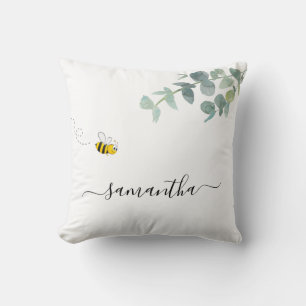 Coussin Monogramme blanc de la verdure de l'eucalyptus