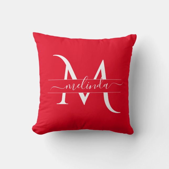 Coussin Monogramme blanc rouge élégant Nom initial Personn (Recto)