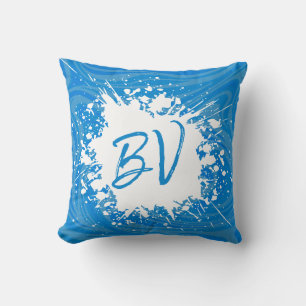 Coussin Monogramme bleu éclat à l'aquarelle tendance