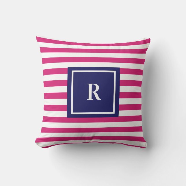 Coussin Monogramme bleu et rose chaud de Preppy Navy (Recto)