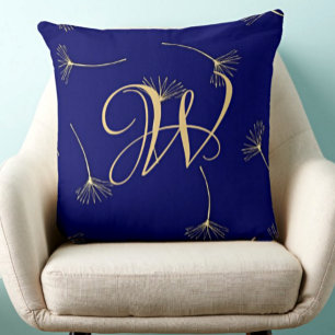 Coussin Monogramme bleu foncé et or raffiné