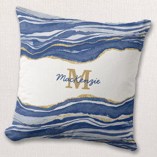 Coussin Monogramme Bleu Marbre Agate Or Parties scintillan