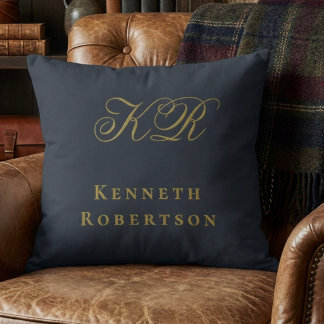 Coussin Monogramme Bleu Nuit Or Initiales Hommes Minimalis